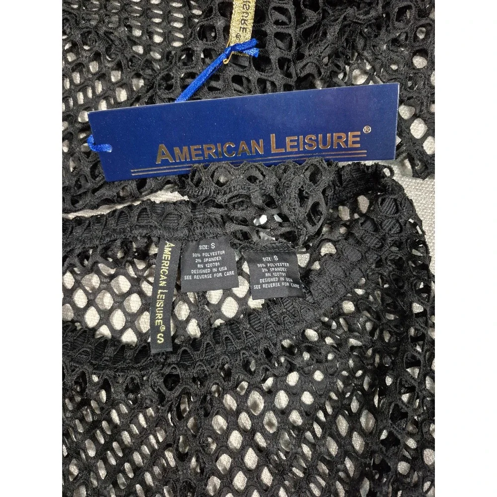 American Leisure Womens Black Fishnet Mesh Crop Top and Shorts Set Size S NEW